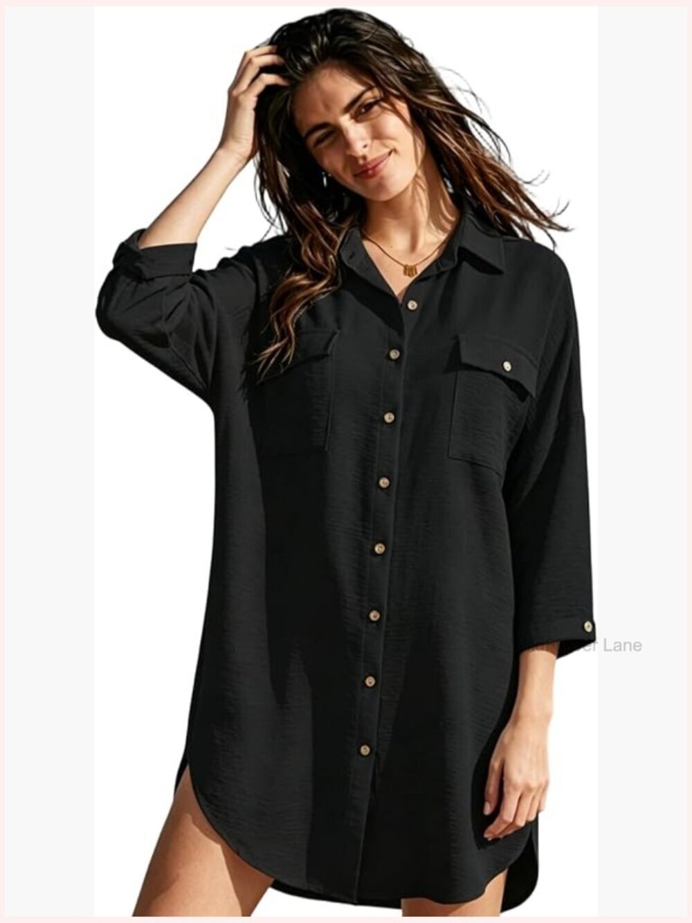 Women's Swim Cover Up Button Down Shirt Dress Beach Casual 3/4 Sleeve